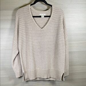 Rachel Zoe Beige/Tan V-Neck Textured Sweater Drop Shoulder | Large